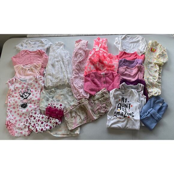 Lot of 20 Baby Girls 0M-6M Assorted Brands Multicolor Footies, Dress,Top,Bottoms - Picture 1 of 7